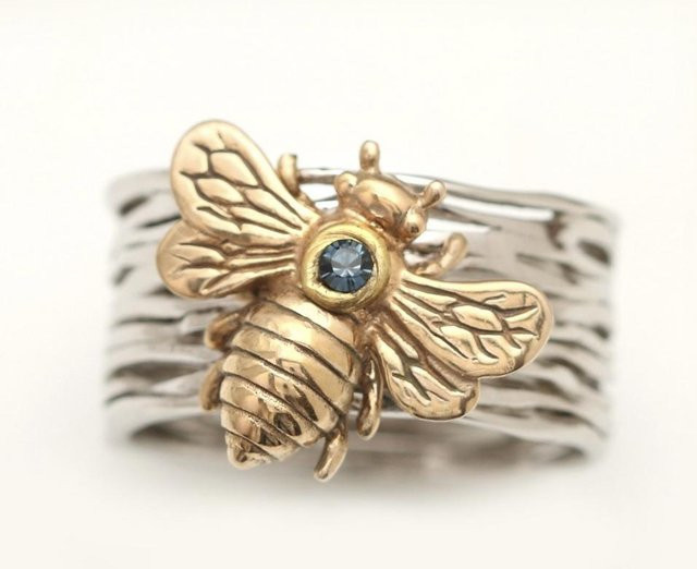 YIRAN Ring, kupferfarben, Geometrie, goldene Biene, blaue Steine, Damen - Bild 1