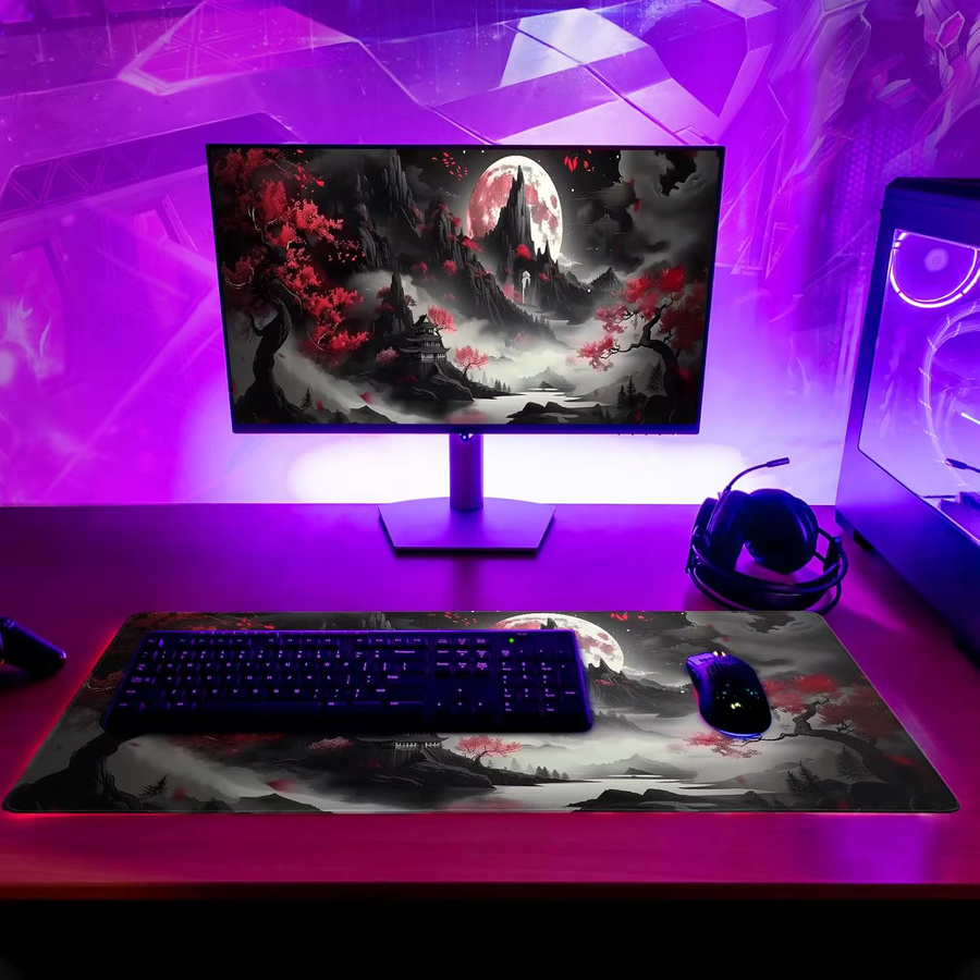 Japanisches rotes Vollmond-Mauspad mit schwarzem Riverside-Design für Gaming und Büro - Bild 6