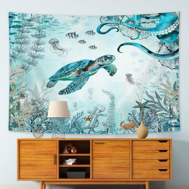 JMG Household Supplies Wandteppich mit Meeresschildkröte und Oktopus in Blau und Türkis, Nautischer Wandbehang mit Unterwassertieren, B/H: 180 x 180 cm - Bild 1