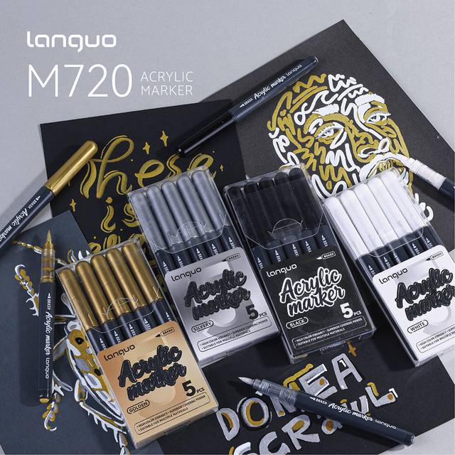 Haile 5er Set Hochglanz Flüssig-Acryl Permanentmarker in Schwarz, Weiß, Gold und Silber, wasserfeste Brush-Stifte für DIY-Handwerk und Malerei - Bild 1
