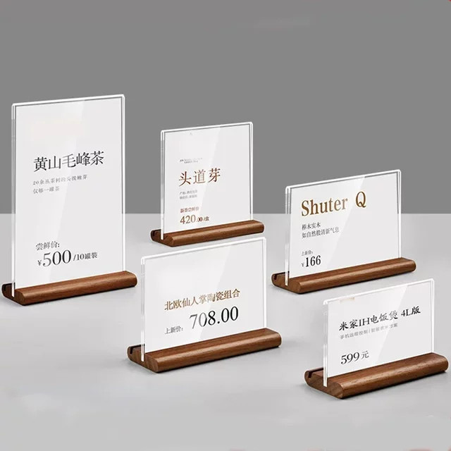 ZHOUZHI 10er Set Acryl Preisschilder mit Massivholz Basis, transparente Menükartenhalter und Werbeschilder für den Tisch - Bild 1