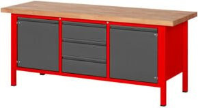 STIER Premium Werkbank höhenverstellbar mit 3 Schubladen und 2 Flügeltüren, Farbe: RAL 3000 Rot/Anthrazit, B/T/H: 200 x 70 x 84-104 cm - Bild 1
