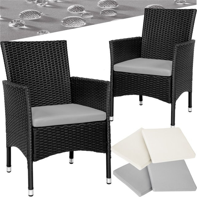 tectake 2er Set Rattanstuhl mit Sitzkissen und Armlehnen, UV-beständig, Schwarz/Beige/Grau, B/T/H: 59 x 57 x 85 cm - Bild 1
