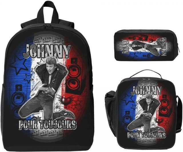 3-teiliges Johnny Hallyday Forever Schulranzen-Set von Fancy Style Studio mit Rucksack, Stiftebeutel und Brotdose in Multicolour - Bild 1