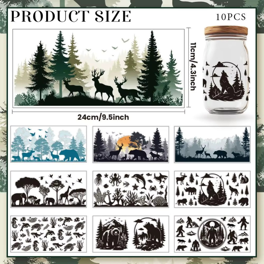 10 Blatt UV DTF Cup Wraps Black Forest Style Rub on Transfer Aufkleber mit Wolf Hirsch und Bär in Multicolor für Glas - Bild 2