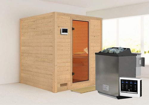 Karibu Sauna Sindi Bio-Kombi-Sauna für 4 Personen mit 9 kW Bio-Kombi-Saunaofen und externer Steuerung, beige - Bild 1