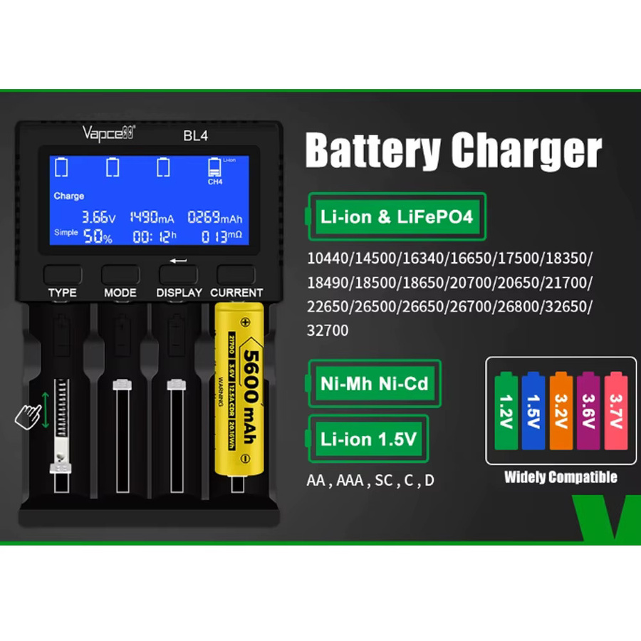 Vapcell BL4 Batterieladegerät in Schwarz mit 4 Steckplätzen, Typ-C-Anschluss und Schnellladefunktion für 18650, 21700, 18350 und 20700 Akkus - Bild 3