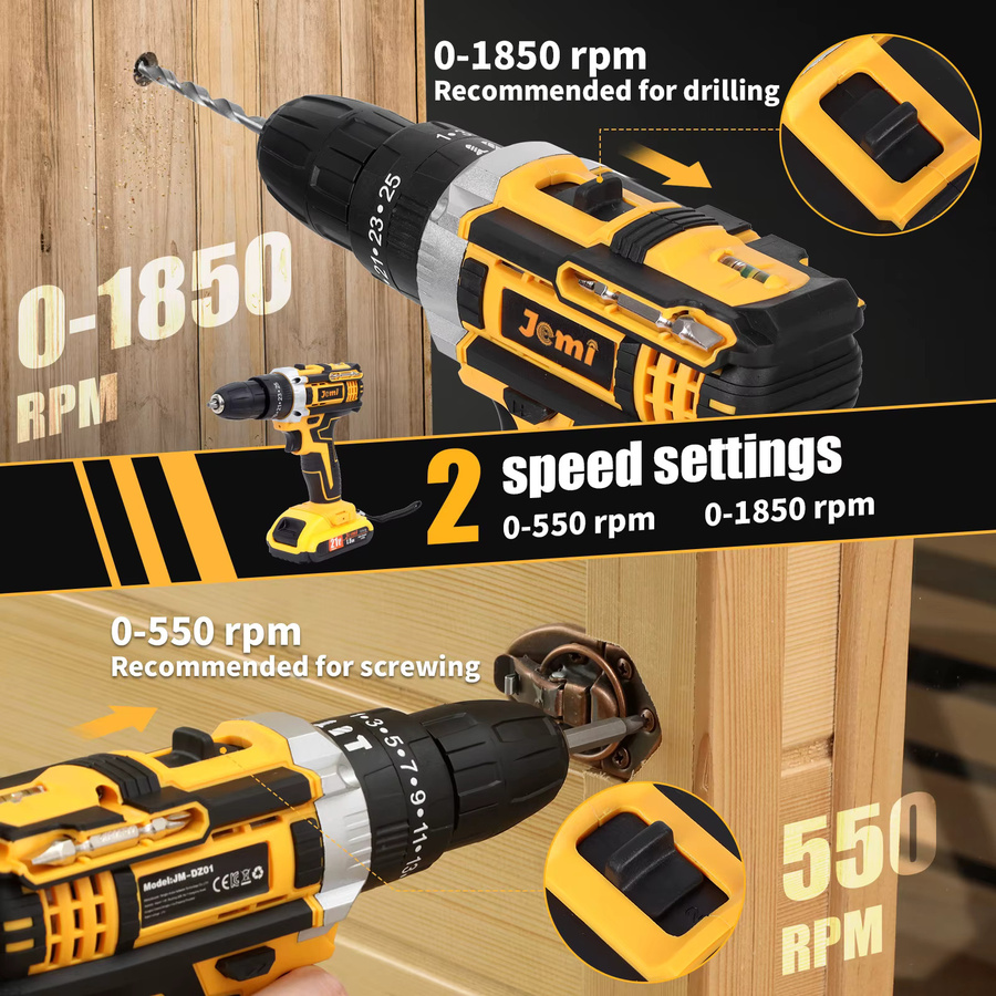 Jemi Tool 3-in-1 Akku-Schlagbohrschrauber-Set in Gelb für Automobil- und Haushaltsarbeiten - Bild 3