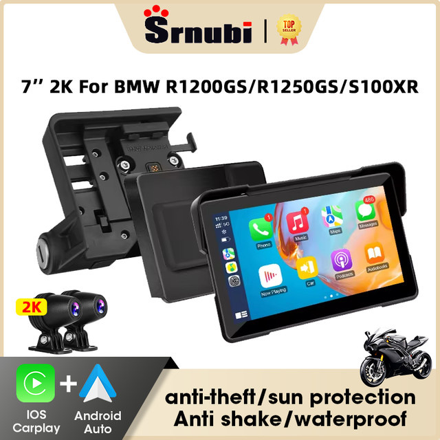 srnubi 7-Zoll Wireless CarPlay und Android Auto tragbarer Motorrad-Navigationsbildschirm mit DVR für BMW R1200GS R1250GS S1000XR, Schwarz - Bild 1