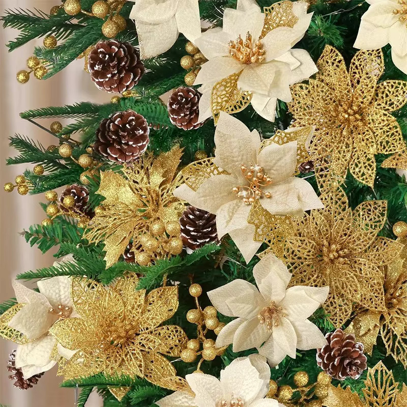 QIANHUAYU Weihnachtsbaum Anhänger Glitzer Pfingstrosen Kunstblumen in Gold und Silber für Weihnachtsdekoration und Neujahr - Bild 2