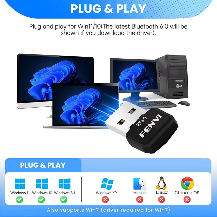 Fenvi USB-Bluetooth-Adapter BT6.0 Sender und Empfänger in Schwarz für PC, Lautsprecher, Maus und Tastatur, treiberfrei für Windows 10/11/8.1 - Bild 6