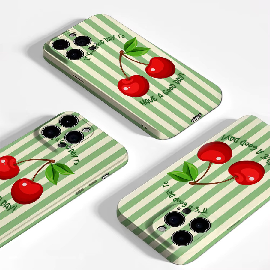 Potdemiel Handyhülle mit Kirschen-Design auf grünen Streifen für iPhone 17 16 15 14 13 Pro Max Plus, mehrfarbig, doppelschichtige Rückseite - Bild 3