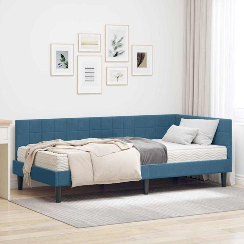 vidaXL Eckbettgestell mit Matratze und Kopfteil aus blauem Samt im modernen Design - Bild 1