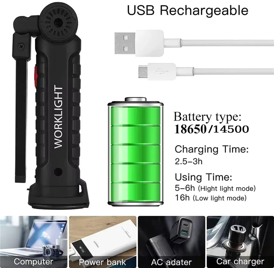 NEWBIRTH LED COB Taschenlampe USB wiederaufladbar mit Magnet und 360 Grad drehbarem Haken in Schwarz - Bild 3