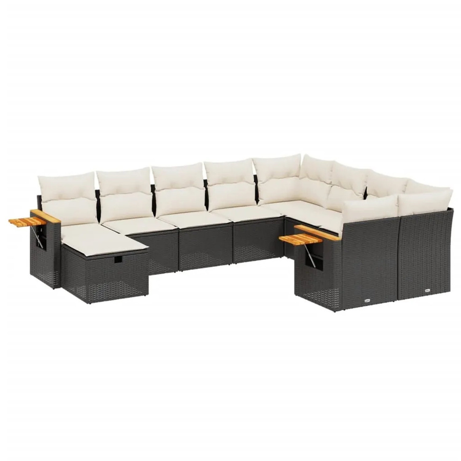 vidaXL 10-tlg. Garten-Sofagarnitur aus Poly-Rattan und Akazienholz in Schwarz mit Kissen - Bild 2