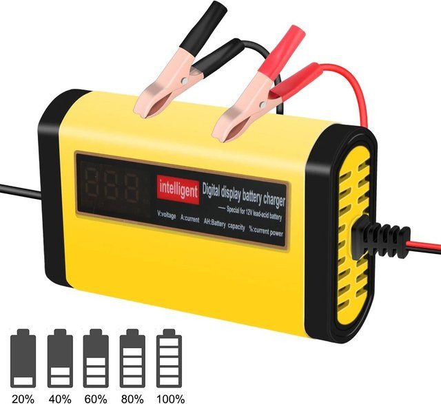 Vollautomatisches Autobatterie-Ladegerät mit digitalem LCD-Display, 2 A Schnellladegerät in 3 Stufen für Blei-Säure, AGM und GEL Batterien, Gelb - Bild 1
