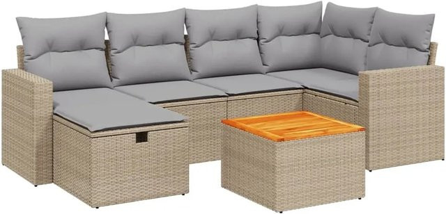 vidaXL 7-tlg Garten-Sofagarnitur in L-Form aus Poly Rattan mit Kissen und Tisch in Beige - Bild 1