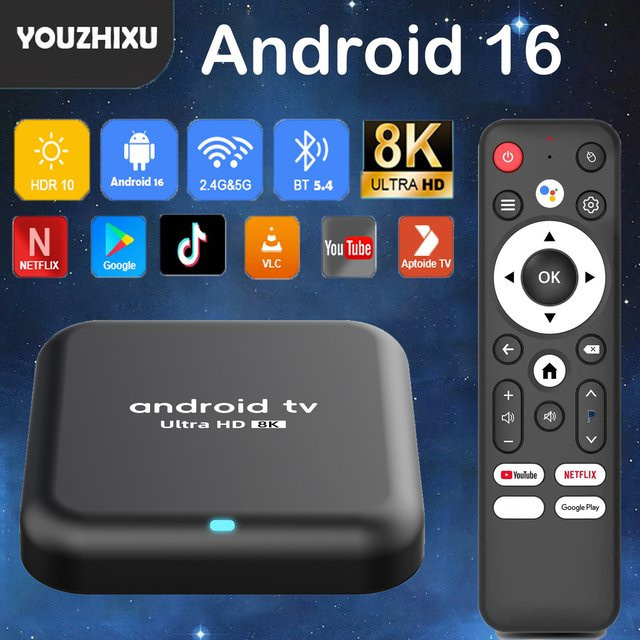 Android 16 Smart TV Box Q18 mit 8GB RAM und 256GB Speicher, Rockchip RK3518, 8K Video, Bluetooth 5.4 und Google Assistant, Schwarz - Bild 1