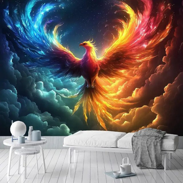 VIKAMA Fantasy Phoenix Wandteppich mit Feuer- und Eisvogel-Motiv in Multicolour, B/H: 40 x 60 cm - Bild 1