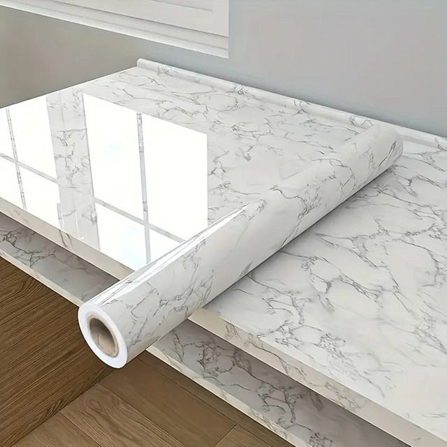 Selbstklebende Marmor Tapete von ctzsoop in Weiß, wasserfeste und ölbeständige PVC Wandgestaltung für Küche und Wohnzimmer im modernen Stein-Look - Bild 1