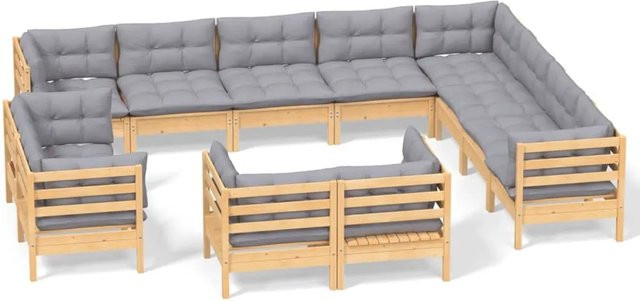 vidaXL 12-tlg. Garten-Lounge-Set aus massivem Kiefernholz in Braun-Grau mit grauen Polstern - Bild 1