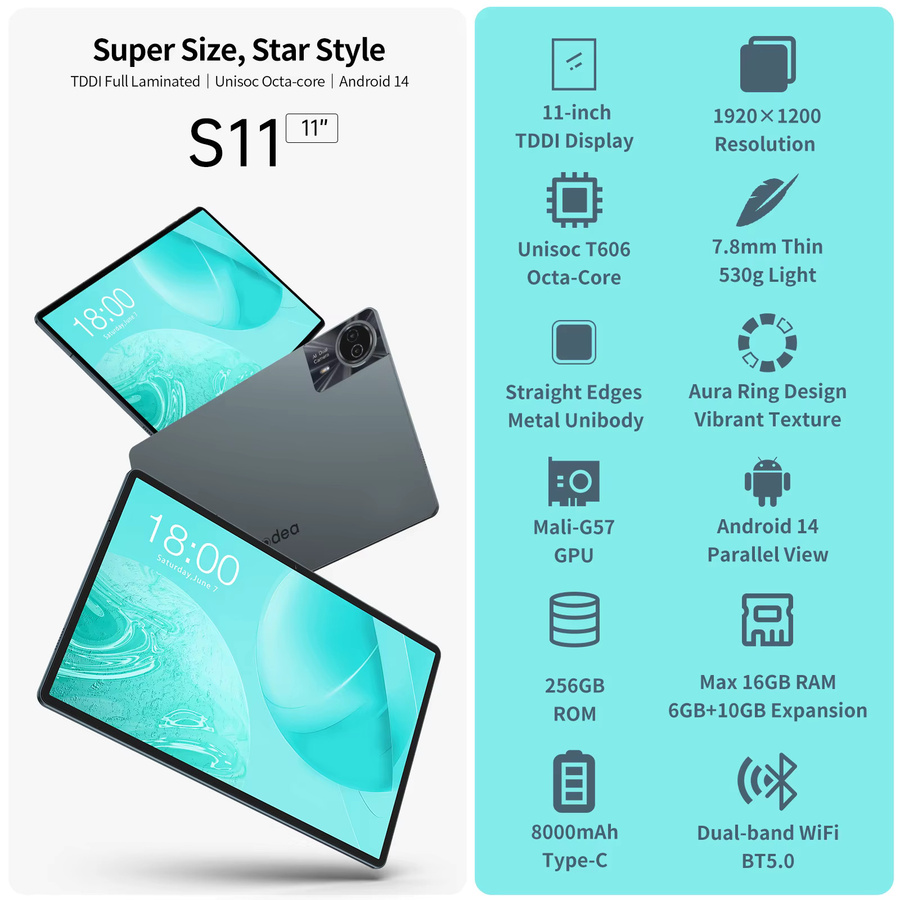 Teclast ODEA S11 Tablet Grau mit 11 Zoll IPS Display, 16GB RAM, 256GB ROM, Android 14, 4G LTE, GPS und 8000mAh Akku - Bild 2