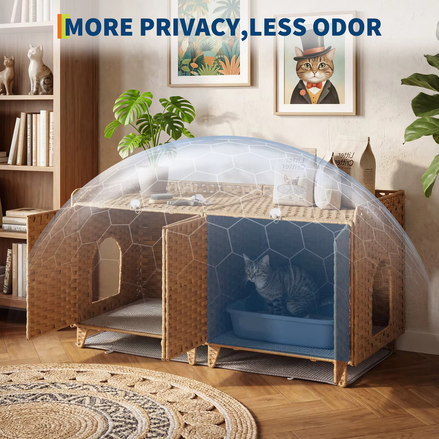 HiMISS Katzenklo-Möbel aus handgeflochtenem Rattan in Grau mit Tür und Matte im Boho-Stil - Bild 2