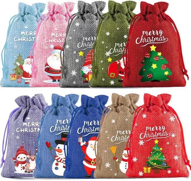 LIJIAO 10er Set Frohe Weihnachten Leinen Beutel mit Kordelzug als kleine Geschenkverpackung für Kinder und Party-Gastgeschenke - Bild 1