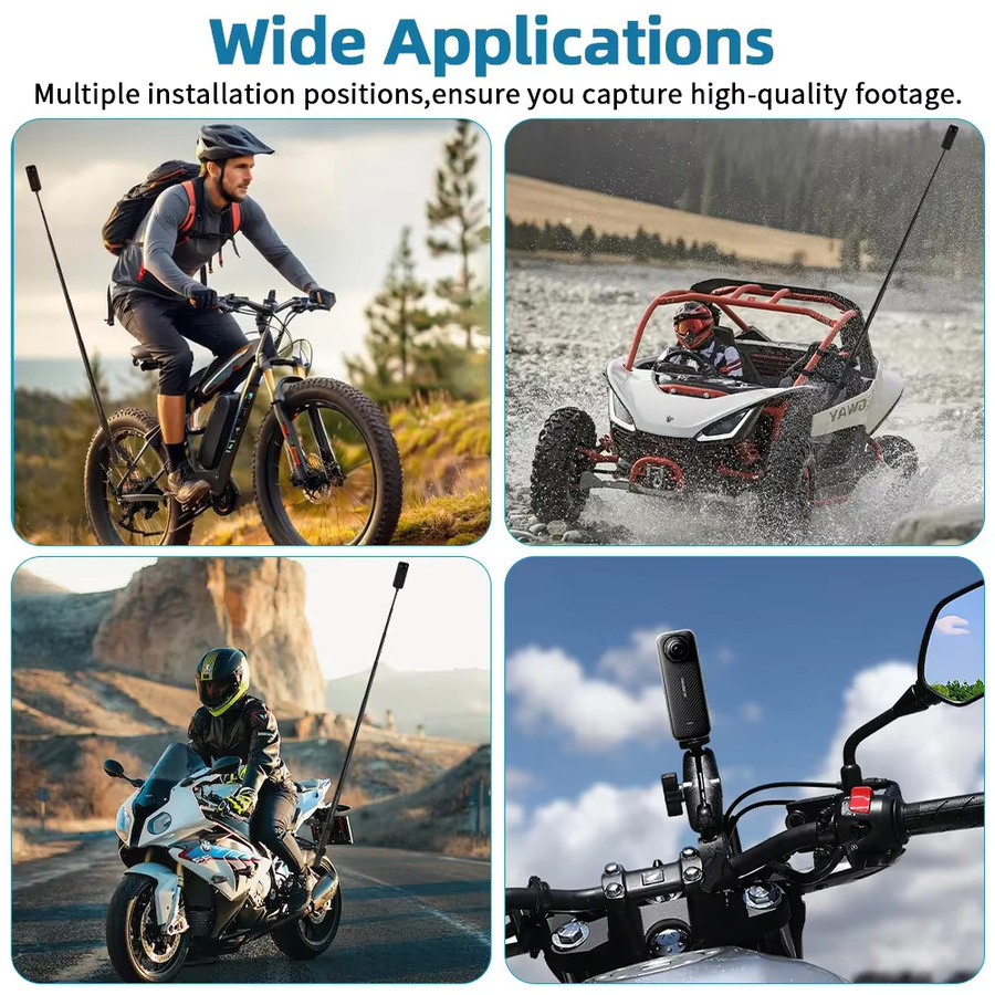 Erchang Motorrad-Montagesatz mit Doppelklemm-Lenker-Selfie-Stick für Insta360 X5 X4 X3 X2 RS und DJI GoPro, Schwarz - Bild 5