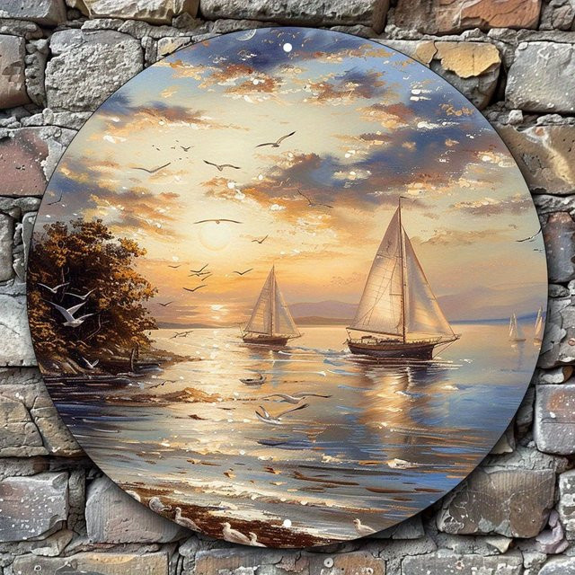 Rundes Wandkunstschild aus Metall von Potdemiel Serene Seascape Sunset Bay mit Segelbooten und Vögeln in Mehrfarben - Bild 1