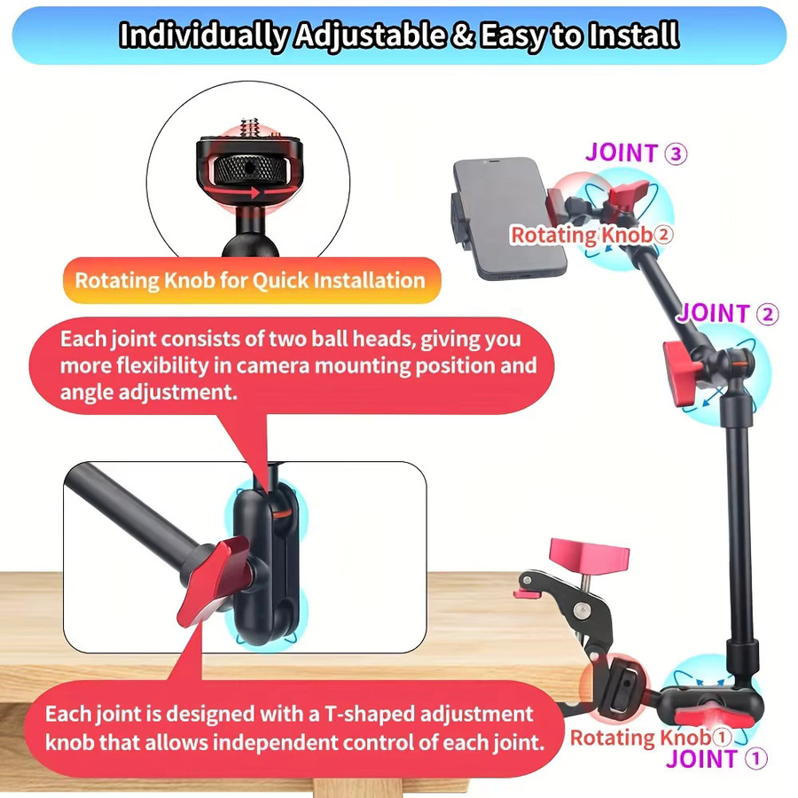 Verstellbarer Magic Arm aus Aluminium-Legierung in Schwarz, 22 Zoll (57 cm) mit 1/4 Zoll Befestigungsschrauben für Telefonhalter und Mikrofonhalter - Bild 2