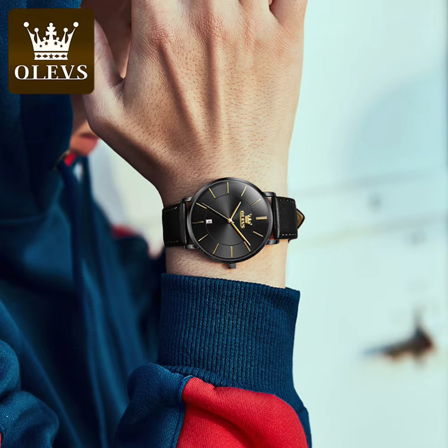 OLEVS Armbanduhr Quarz, Lederarmband, Schwarz, Herren - Bild 3