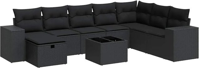vidaXL 9-tlg. Garten-Sofagarnitur in L-Form aus schwarzem Poly-Rattan mit Kissen und pulverbeschichtetem Stahlgestell - Bild 1