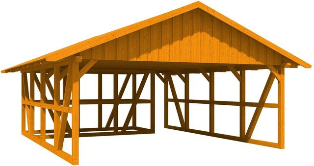 Skan Holz Carport Schwarzwald aus Fichtenholz mit Dachschalung und Abstellraum in Eiche Hell, B: 684 cm, T: 772 cm - Bild 1