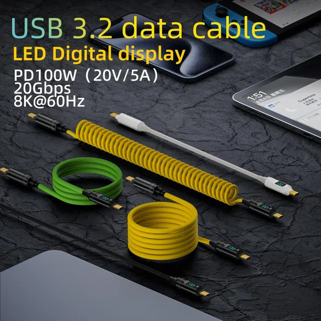 BSN USB-C zu USB-C Thunderbolt 3 Kabel mit LED-Display, 20Gbps, 100W, 5A, Schwarz, Länge: 2 m - Bild 1