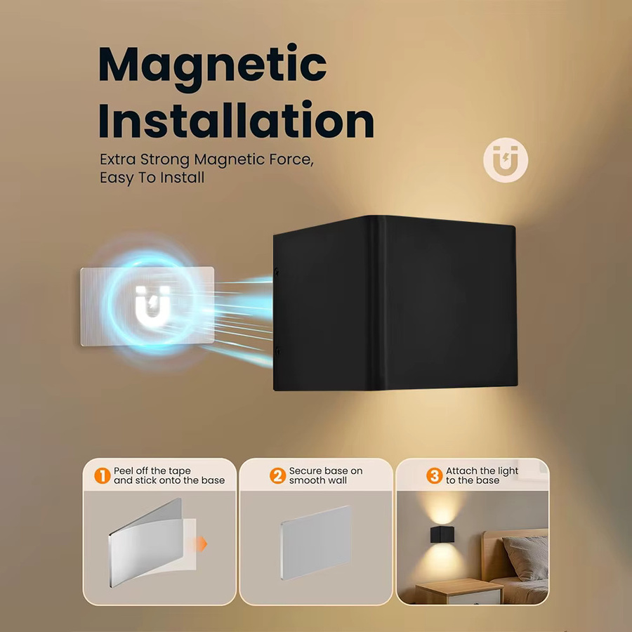 2er Set UMEXUS Wireless Cube LED Wandleuchten in Schwarz mit Up-Down Licht, PIR Bewegungssensor und USB wiederaufladbarem Akku, warmweißes Nachtlicht für Korridor und Veranda - Bild 3