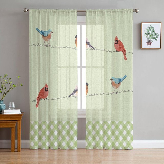 Transparente Tüll-Vorhänge mit grünem Vogel-Aquarell-Motiv für Wohnzimmer und Küche, Breite: 135 cm, Höhe: 160 cm - Bild 1