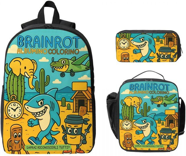 Schulranzen Set von Fancy Style Studio mit Rucksack, Brotdose und Federmäppchen im italienischen Brainrot Meme Design für Jungen und Mädchen, mehrfarbig - Bild 1