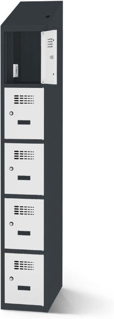 rotstahl Fächerschrank mit Ladefunktion aus Stahlblech, 5 Fächer, anthrazitgrauer Korpus und hellgraue Türen, B: 30 cm, H: 200 cm - Bild 1