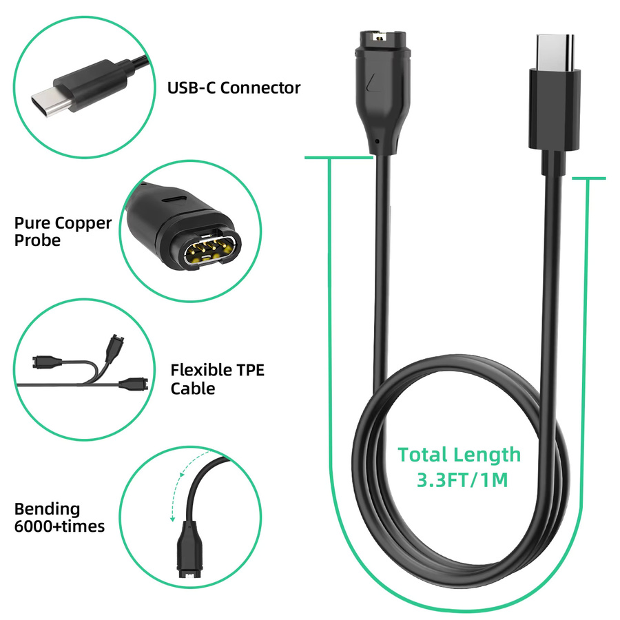 USB-C Ersatzladegerät für Garmin Vivosmart 5 und Garmin Vivomove 3/3S Style Sport in Schwarz - Bild 2