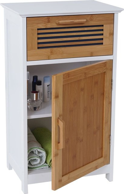 Badezimmerkommode MCW A85 aus Bambus und MDF in Weiß, B/T/H: 71 x 31 x 40 cm - Bild 1