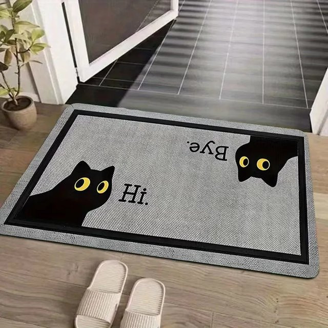 VIKAMA Hi Bye Schmutzfangmatte mit schwarzen Katzen, rutschfeste und waschbare Eingangsmatte in Schwarz und Grau - Bild 1