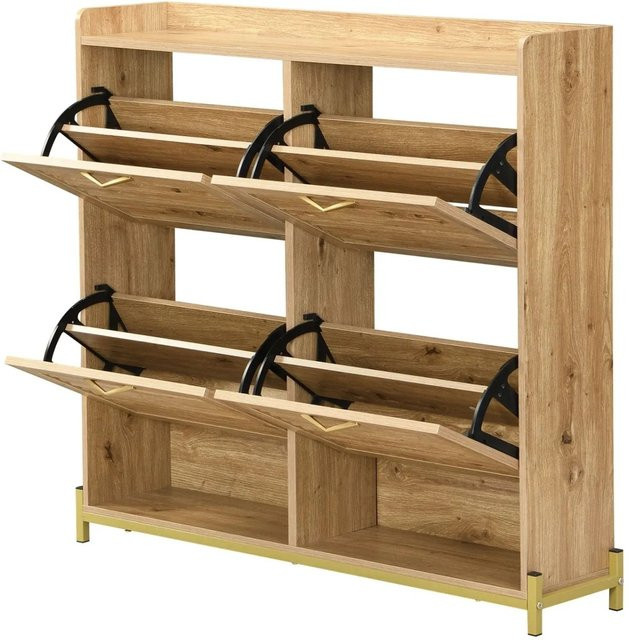 PXloue Schuhschrank mit 4 Klappen in Holzoptik, braun, B/T/H: 108,5 x 24 x 100 cm - Bild 1
