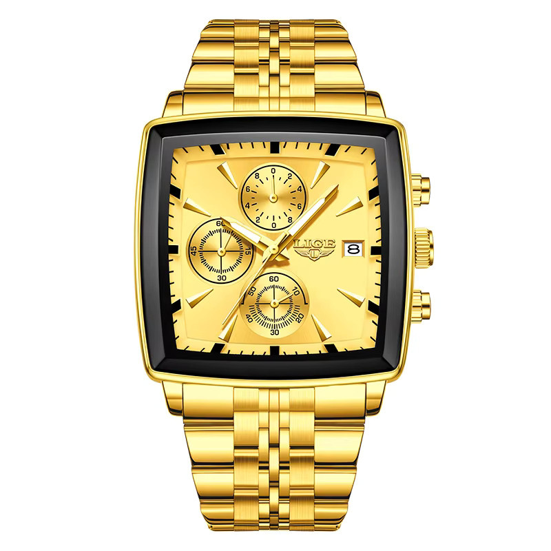 LIGE Chronograph Armbanduhr, Edelstahl, Gold, Quarz, Herren, Eckig - Bild 7