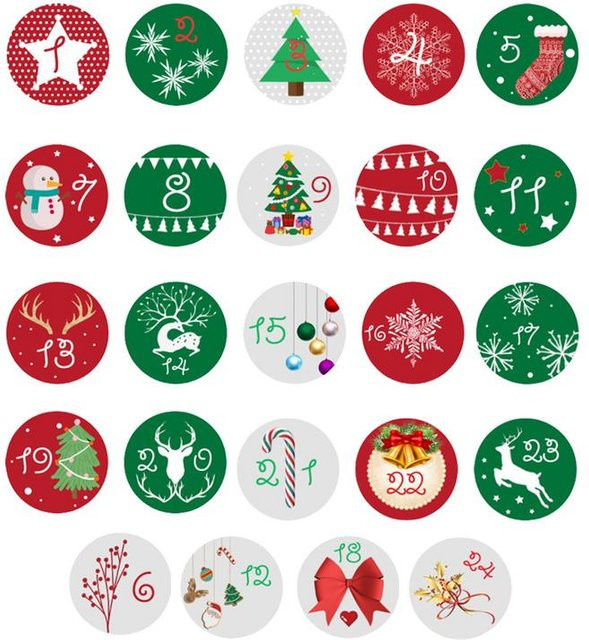 Selbstklebende Adventskalender Aufkleber mit Zahlen und Frohe Weihnachten Motiven, bunte Geschenketiketten aus Papier, Multicolor - Bild 1