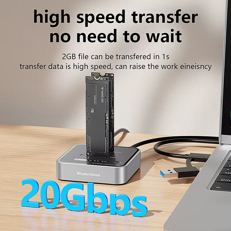Blueendless Dual-Bay M.2 NVMe SSD Klon-Gerät mit 20Gbps USB 3.2 Typ C, Offline-Duplikator Gehäuse in Silber - Bild 2