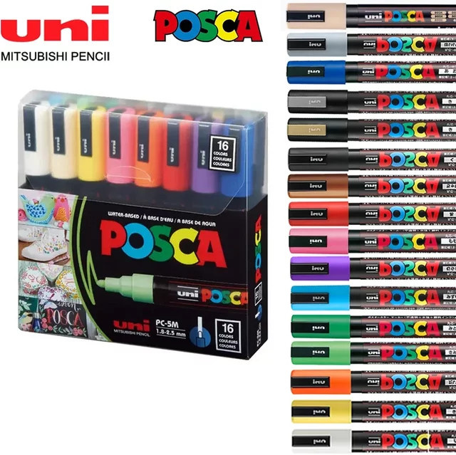 UNI POSCA Acrylmarker Set mit 16 Stück in Mehrfarben, Permanent und Wasserdicht für Graffiti und Zeichnungen - Bild 1