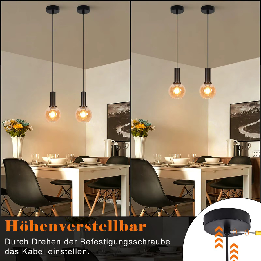 Vintage Pendelleuchte aus Glas und Metall in Schwarz und Transparent, höhenverstellbare Hängelampe im Retro-Design für Esszimmer und Schlafzimmer mit E27 Fassung - Bild 2