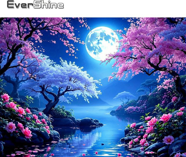 EverShine Diamant-Stickerei Landschafts-Mosaik mit Kirschblüten und Mond, Wanddekoration in Multicolour, B/H: 30,0 x 20,0 cm - Bild 1