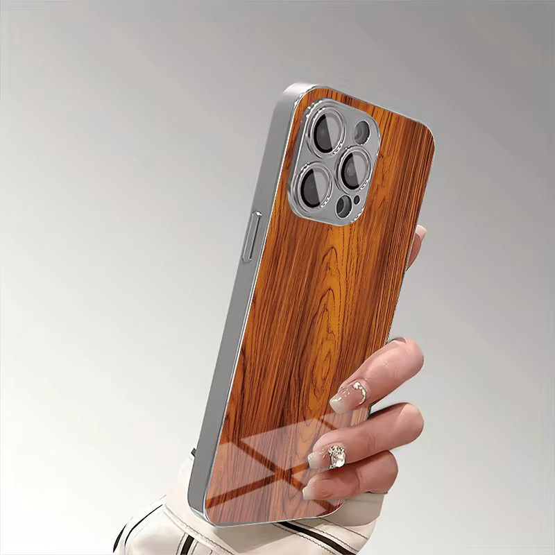 Handyhülle aus gehärtetem Glas mit Massivholz-Textur in Braun für iPhone 11 bis iPhone 18 Pro Max Plus und 17 Air mit galvanisierter Abdeckung - Bild 4